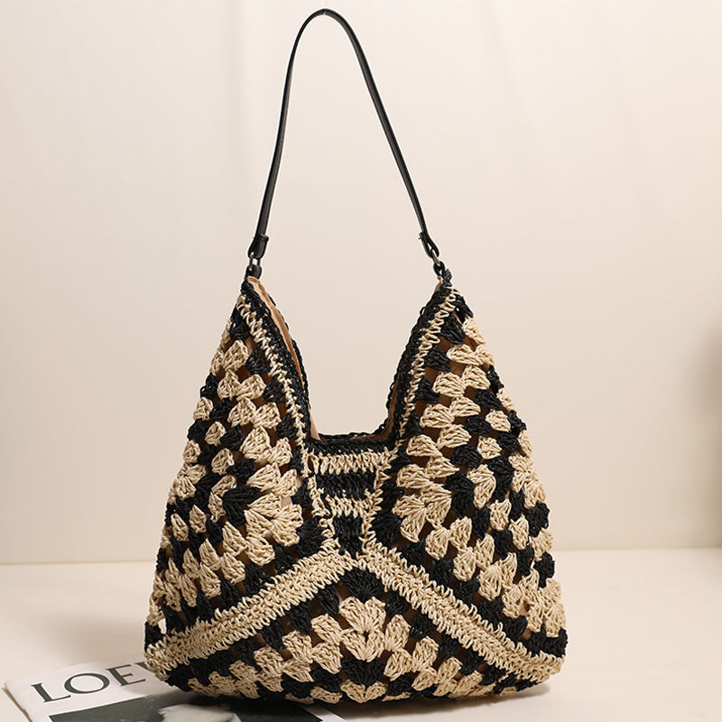 Casual Hollow Out Cutout Shoulder Straw Bag Triangle Large Capacity Straw Bag Woven Bag Vacation Beach Bag Women Bag One Size Shaped Grandmother Plaid Black