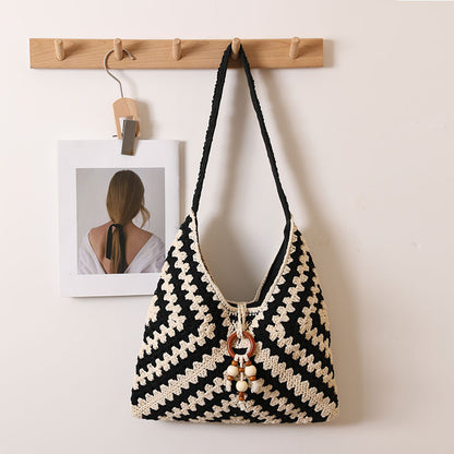Ethnic Single Shoulder Cotton Thread Woven Bag Color Grandmother Grid Straw Bag Vacation Beach Bag Women Bag One Size Cotton Thread V-Shaped Grandmother Plaid Black