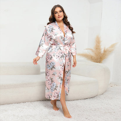 Plus Size Women Artificial Silk Satin Long Sleeved Pajamas Plump Girls Wearable Home Tea pollen