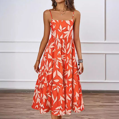 Vacation Spaghetti Strap Backless A line Long Casual Swing Printing Dress Women