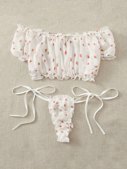 Sexy Lingerie Lace See-through Sexy Mesh Heart Printing Sexy Sleepwear Suit