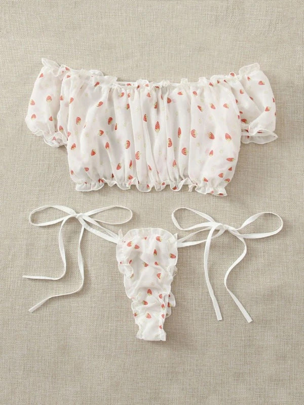 Sexy Lingerie Lace See-through Sexy Mesh Heart Printing Sexy Sleepwear Suit