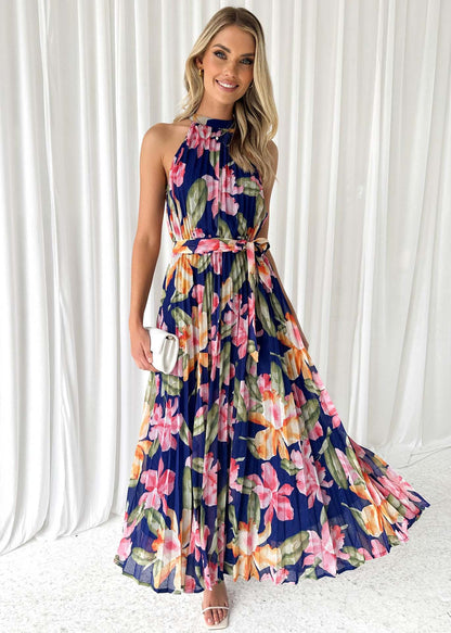 Spring Large Swing Dress Sexy Vacation Sleeveless Lace Printing Halter Dress Women Dark Blue Background Printing