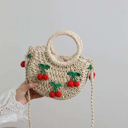 Cute Cherry Fresh Straw Bag Woven Tote Strawberry Cross Body Bag Vacation Beach Bag One Size Cherry Mini Size