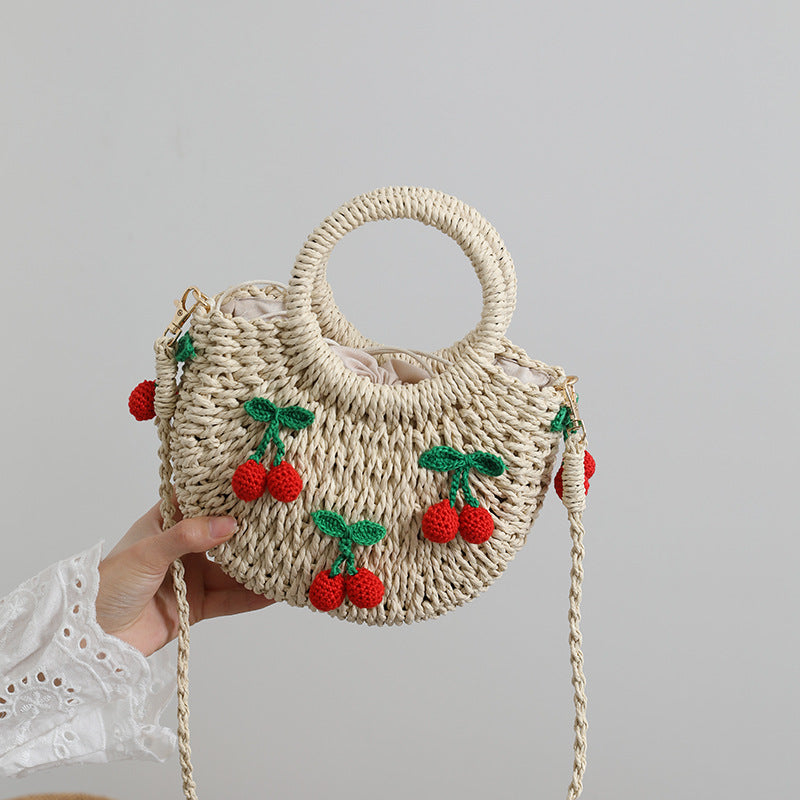 Cute Cherry Fresh Straw Bag Woven Tote Strawberry Cross Body Bag Vacation Beach Bag One Size Cherry Mini Size
