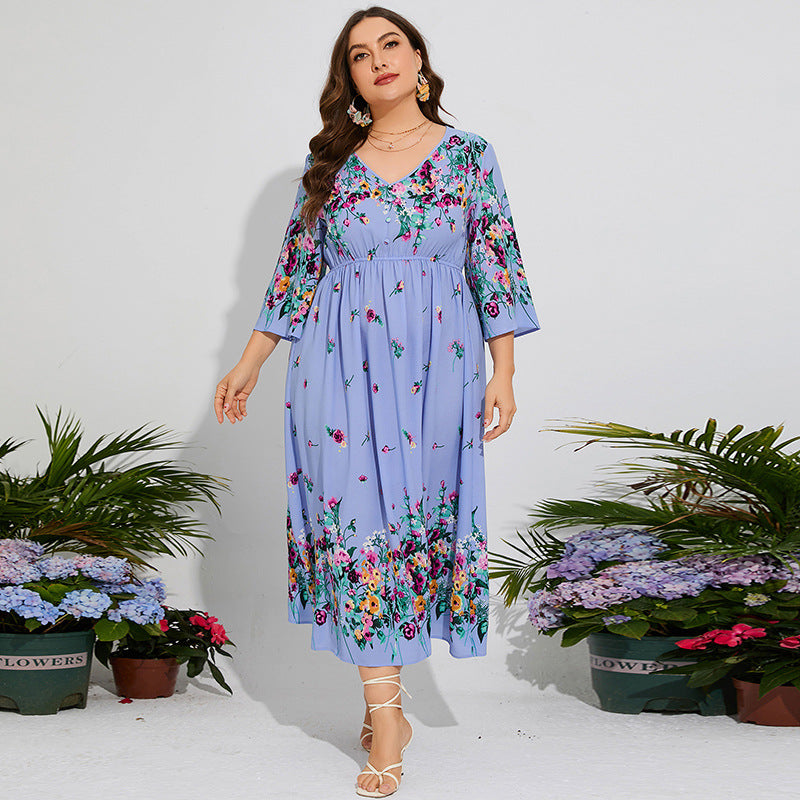 Plus Size Spring Dress Floral Chiffon Elastic Waist Flare Sleeve Vacation Dress