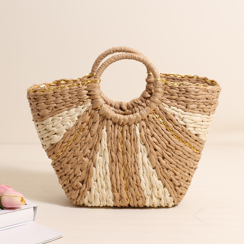 Golden Silk Thread Portable Straw Weaved Bag Large Capacity Tote Vegetable Basket Bag Vacation Beach Bag Hand Carrying Woven Bag One Size Coffee Rice