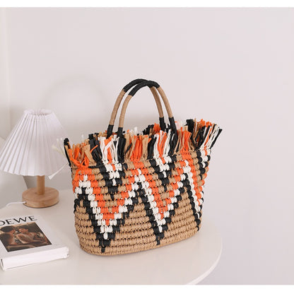 Color Matching Loose Edge Straw Bag Loose Edge Portable Color Matching Woven Bag Seaside Vacation Beach Bag Women Bag