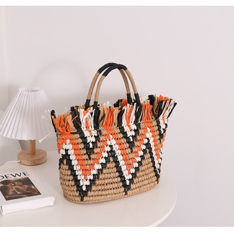 Color Matching Loose Edge Straw Bag Loose Edge Portable Color Matching Woven Bag Seaside Vacation Beach Bag Women Bag