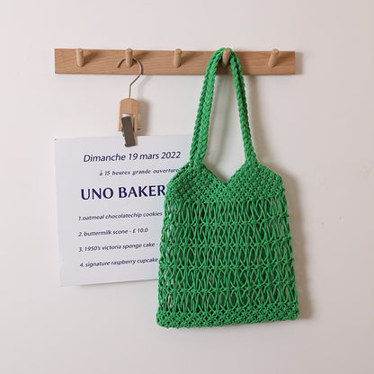 Hollow Out Cutout One Shoulder Cotton Thread Woven Bag Floral Straw Bag Vacation Beach Bag Women Bag One Size V-Shaped Twist Green
