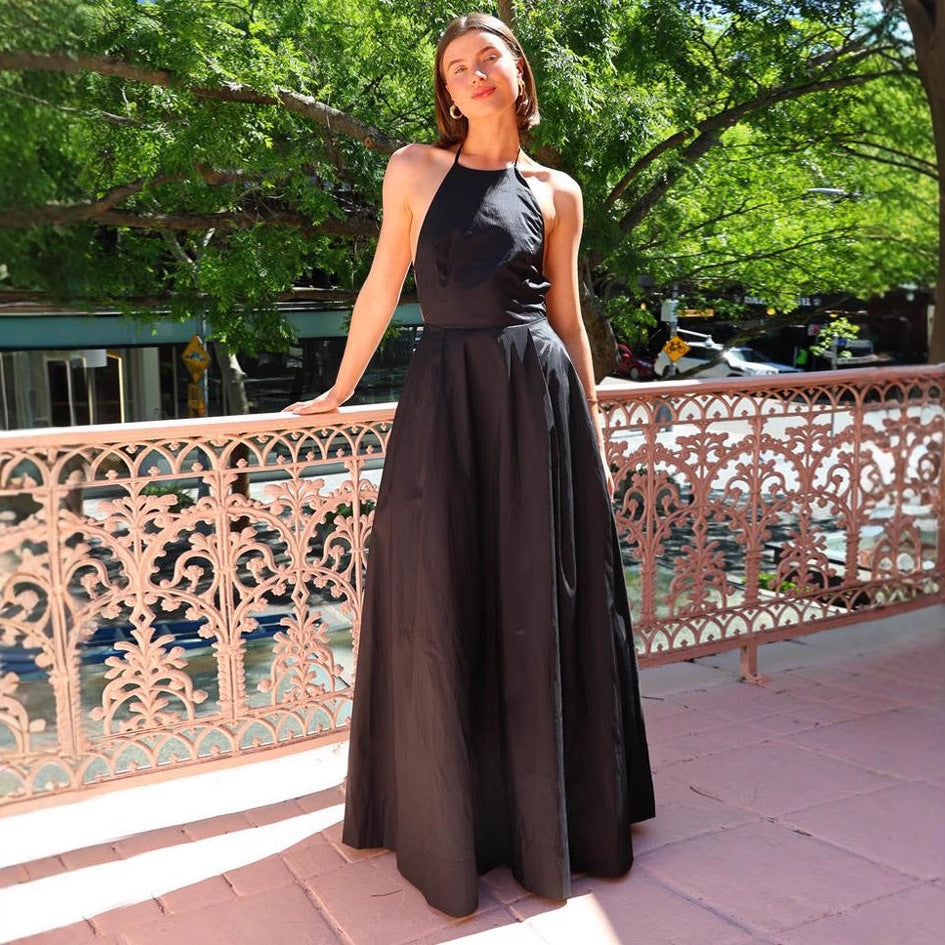 Seaside Vacation Dress Women Summer Design Backless Lace up Beach Dress French Halter Black