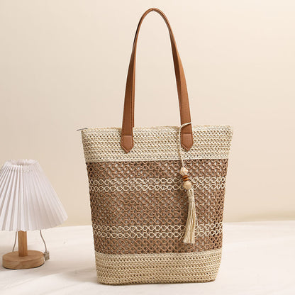 Tassel Shoulder Straw Bag Striped Hollow Out Cutout Straw Bag Woven Bag Vacation Beach Bag