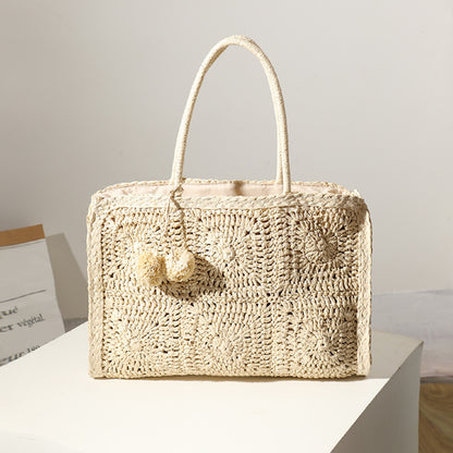 Hollow Out Cutout Straw Bag Large Capacity Fur Ball Hand Woven Bag Casual Women One Shoulder Handbag Beach Bag One Size One Side Flower Rice