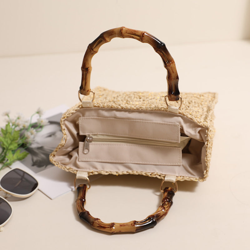 Bamboo Handle Straw Bag Paper String Square Crocheted Women Bag Fresh Casual Woven Bag Beach Bag