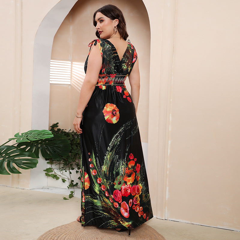 Plus Size Girls Ice Silk Printed Dress Bohemian plus-Sized V neck Maxi Dress