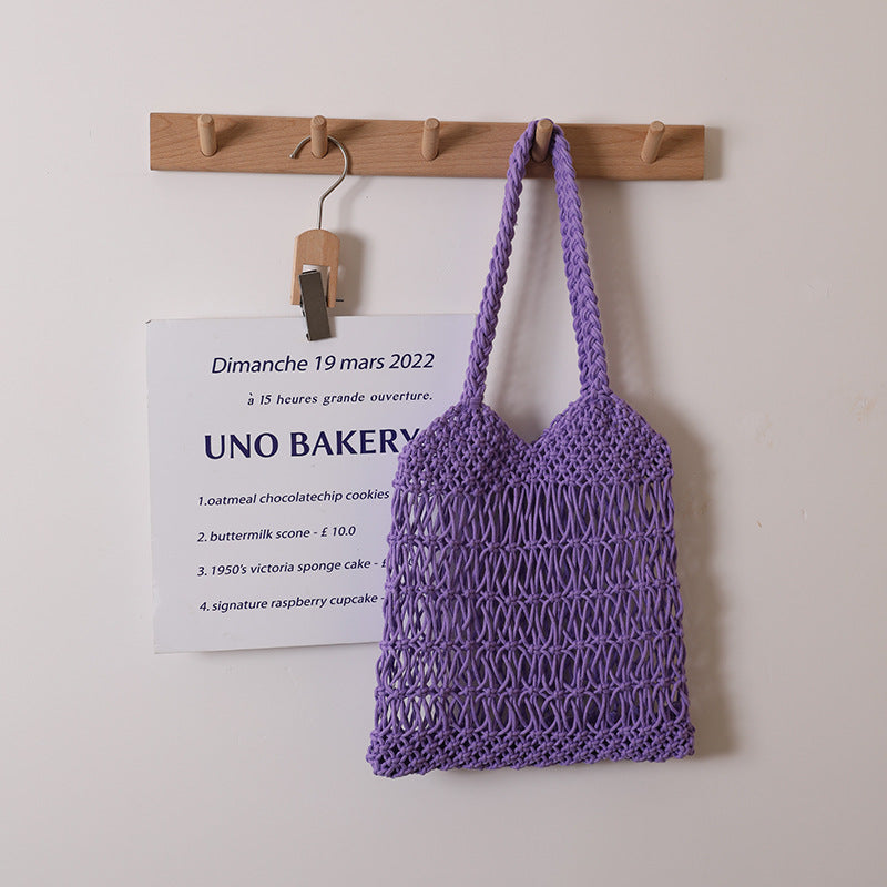 Hollow Out Cutout One Shoulder Cotton Thread Woven Bag Floral Straw Bag Vacation Beach Bag Women Bag One Size V-Shaped Twist Purple