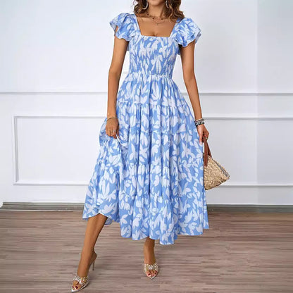 Square Collar Printing Pleated Ruffle Sleeve Elegant Bohemian Printing Dress