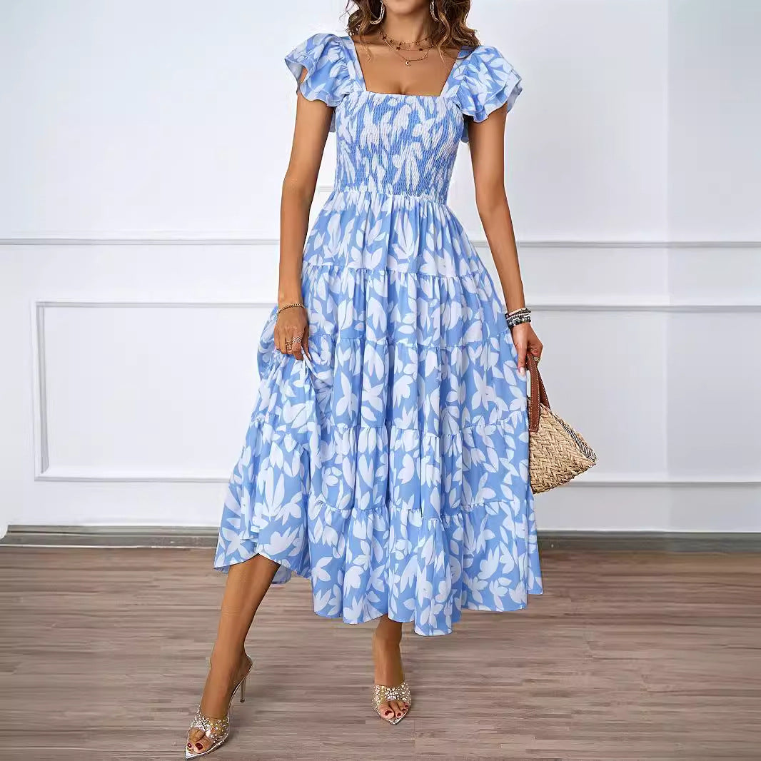Square Collar Printing Pleated Ruffle Sleeve Elegant Bohemian Printing Dress