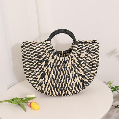 Niche Semicircle Portable Straw Weaved Bag Retro Color Hand Carrying Straw Bag Woven Bag Women Seaside Vacation Beach Bag One Size Black