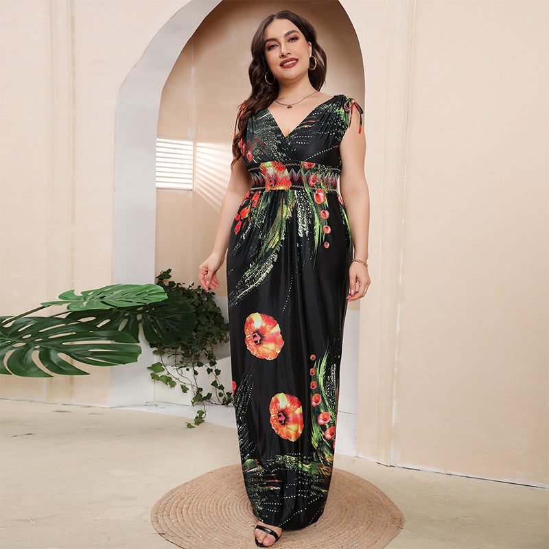 Plus Size Girls Ice Silk Printed Dress Bohemian plus-Sized V neck Maxi Dress