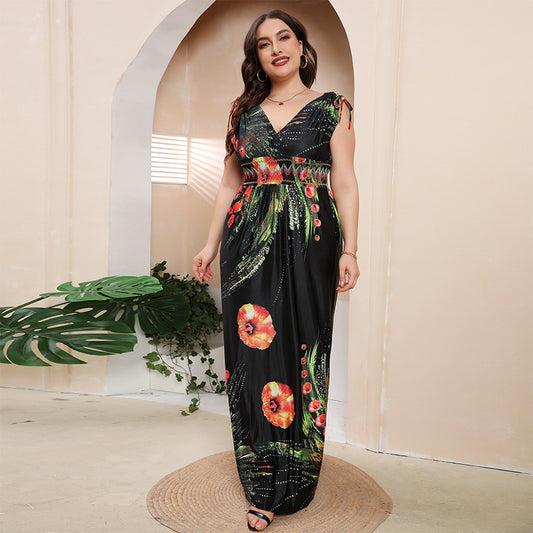 Plus Size Girls Ice Silk Printed Dress Bohemian plus-Sized V neck Maxi Dress
