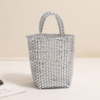 Gold Silver Color Portable Vegetable Basket Bag Solid Color Large Capacity Hand Carrying Woven Bag Seaside Vacation Beach Bag One Size Silver brick