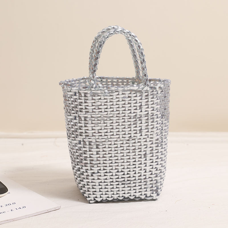 Gold Silver Color Portable Vegetable Basket Bag Solid Color Large Capacity Hand Carrying Woven Bag Seaside Vacation Beach Bag One Size Silver brick