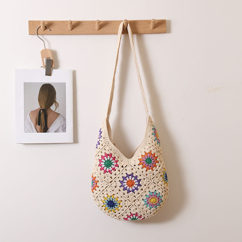 Ethnic Colorful Floral Cotton Thread Woven Bag Casual Straw Bag Vacation Beach Bag Idle Shoulder Bag One Size Cotton Thread round Color Grandma Plaid
