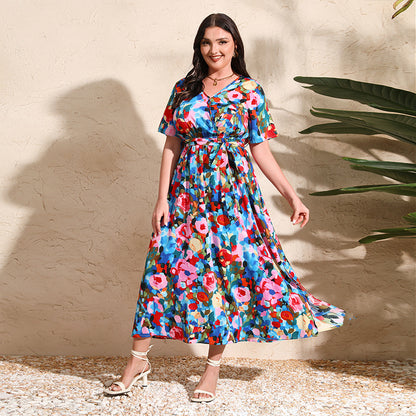 Colorful Rose Holiday Dress V Neck Short-Sleeved Chiffon Dress Rose Blue
