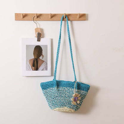 Fresh Floral Straw Bag Niche Gradient Color Straw Bag Woven Bag Vacation Beach Bag Shoulder Bag One Size Fishbone Small Flower Blue