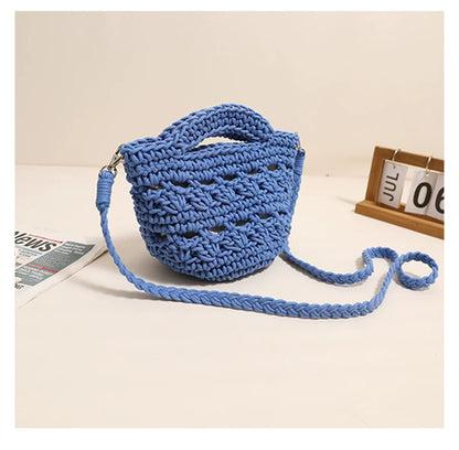 Crossbody Cotton Thread Woven Bag All Matching Hollow Out Cutout Straw Bag Vacation Beach Bag Partysu Women Bag One Size Colorful Crossbody Cotton Thread Blue without Lining