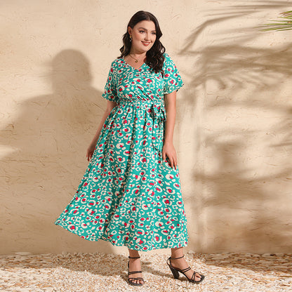 Colorful Rose Holiday Dress V Neck Short-Sleeved Chiffon Dress Green