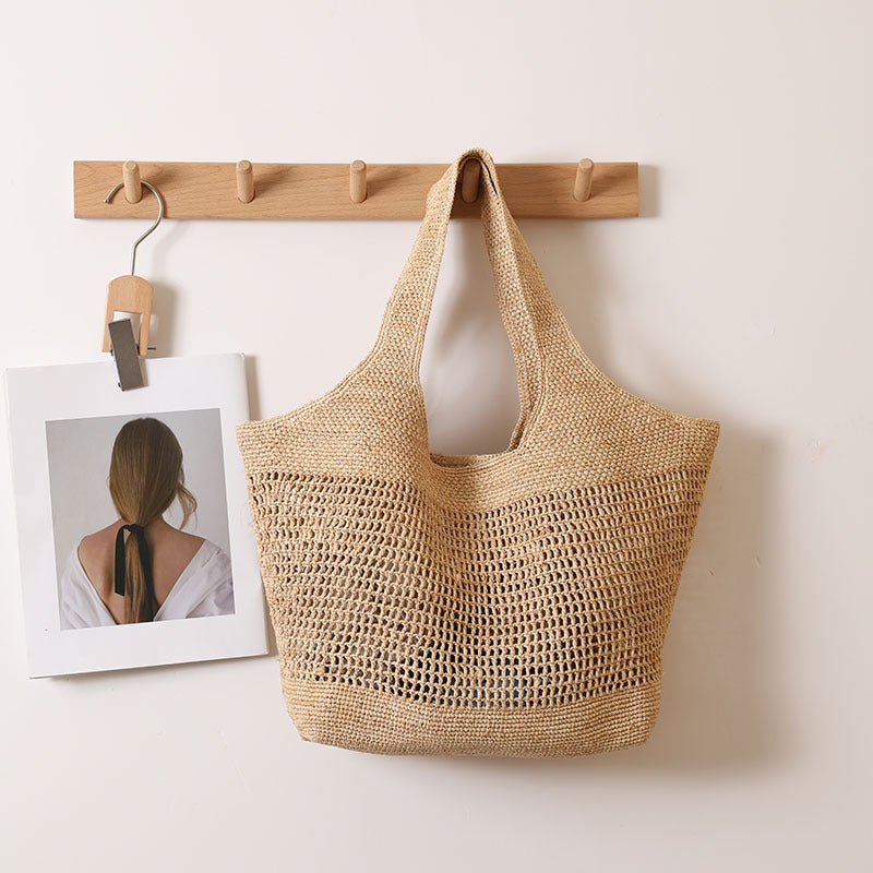 Large Capacity Raffia One Shoulder Straw Bag Hollow Out Cutout Straw Bag Woven Bag Seaside Vacation Beach Bag One Size Brown