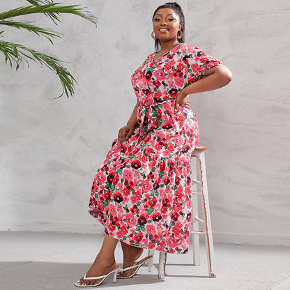 Plus Size Women Loose V neck Dress High Waist Dress Seaside Vacation Beach Dress 031 Red