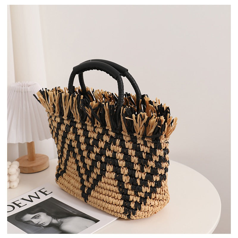 Color Matching Loose Edge Straw Bag Loose Edge Portable Color Matching Woven Bag Seaside Vacation Beach Bag Women Bag