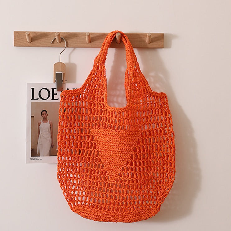 Large Capacity Hollow Out Cutout Straw Bag Fresh Candy Color One Shoulder Tote Woven Bag Portable Women Beach Bag