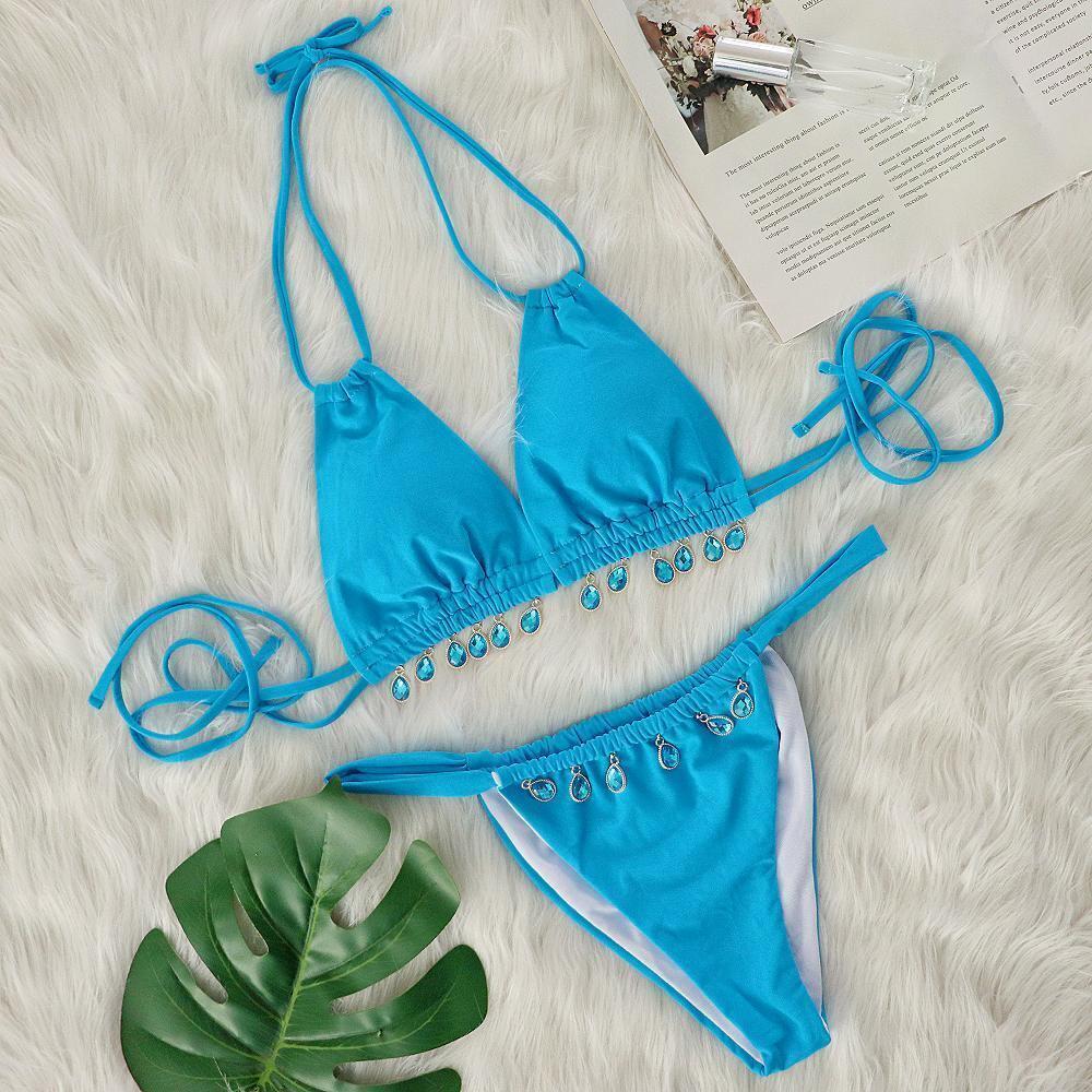 Two Piece Swimsuit Women Pink Bikini Swimsuit with Gem Embellished Blue
