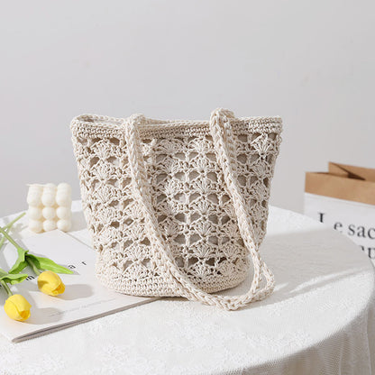 Korean Hollow Out Cutout Cotton Thread Hand Woven Bag Chi Elegant One Shoulder Portable Straw Weaved Bag Seaside Vacation Beach Bag One Size Cream