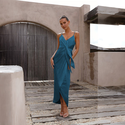 Spring Summer Sexy V neck Backless Slit Loose Sling Dress Women Purplish blue