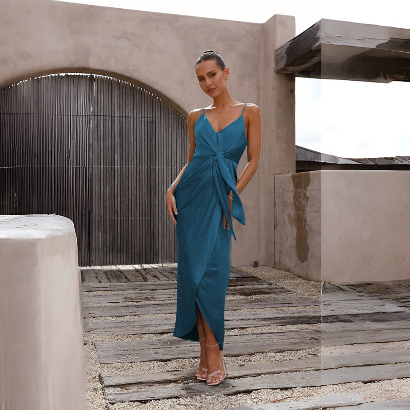 Spring Summer Sexy V neck Backless Slit Loose Sling Dress Women Purplish blue