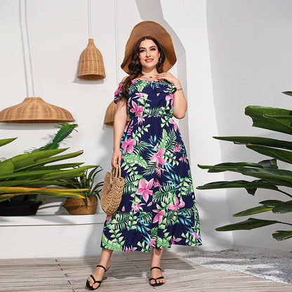 Plus Size Beach Holiday Long Beach Dress off the Neck Tube Top Color Printed Dress