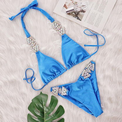 Swimsuit Sexy Solid Color Metal Diamond Bikini Bandage Split Swimsuit skyblue