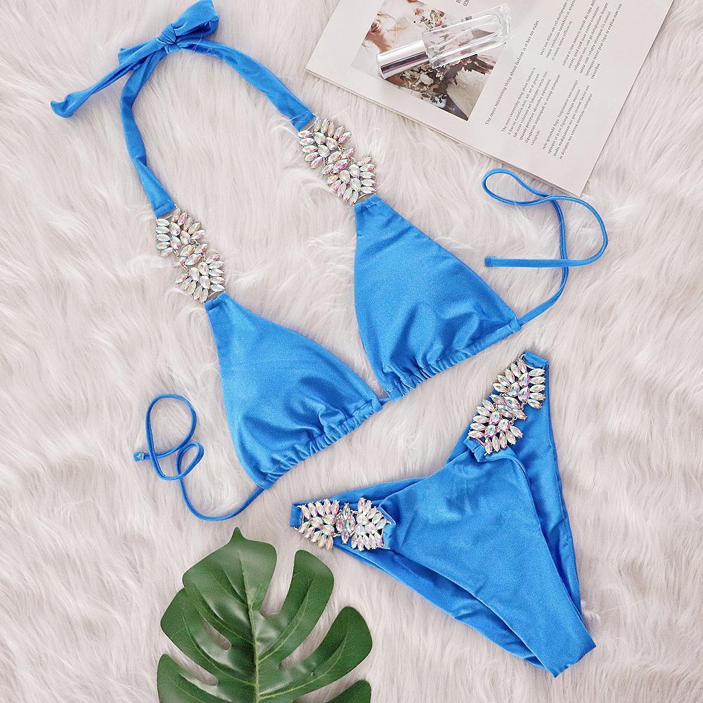 Swimsuit Sexy Solid Color Metal Diamond Bikini Bandage Split Swimsuit skyblue