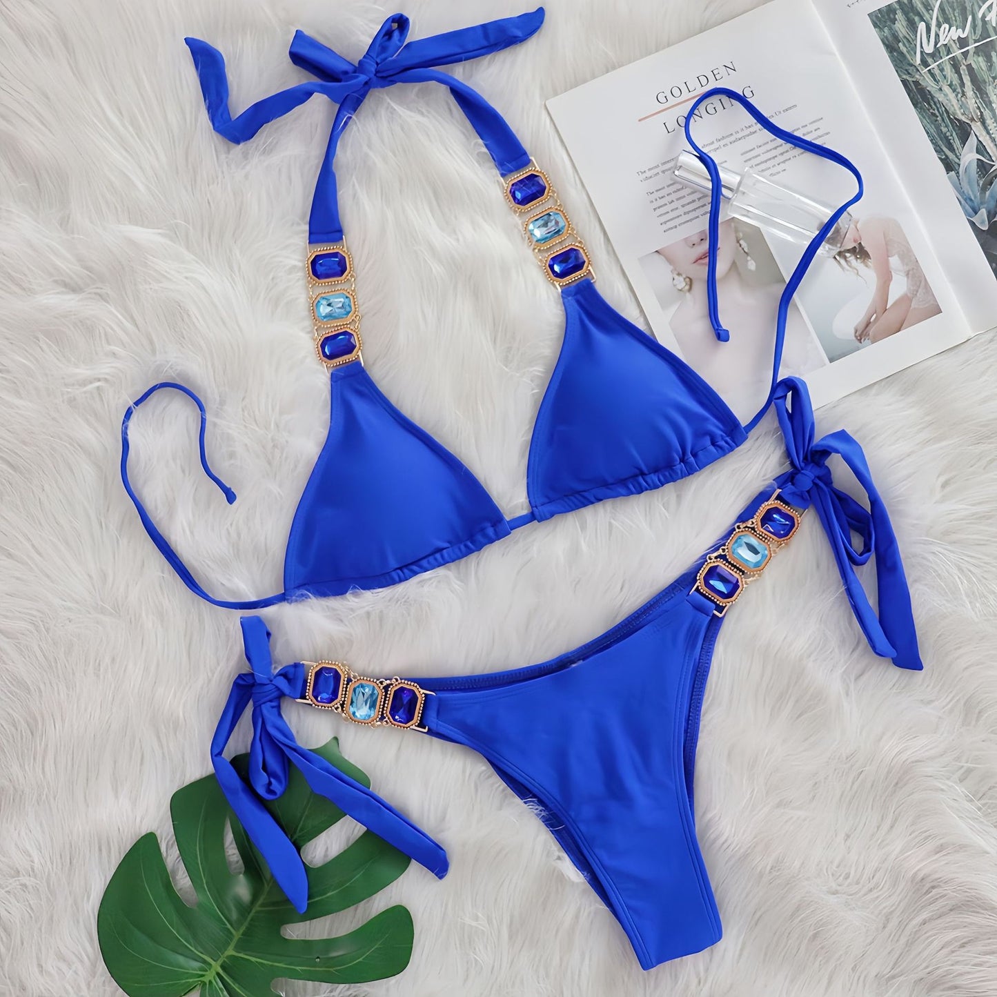 Crystal Diamond Bikini Sexy Women Split Bandage Swimsuit Beach Vacation Swimsuit Blue