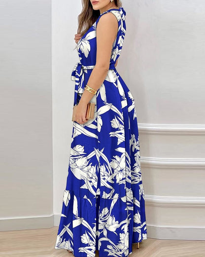 Summer Retro Fashionable round Neck Printed Halter Dress Long Dress