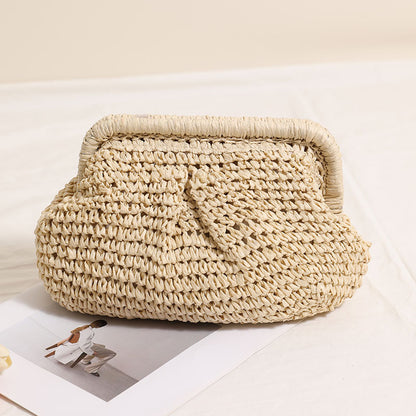Crossbody Straw Bag Pleated Solid Color Straw Bag Woven Bag Vacation Beach Bag Women Bag One Size Clip Shell Rice