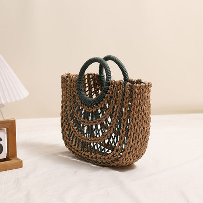 Hollowed out Semicircle Portable Straw Weaved Bag Round Handle Contrast Color Straw Bag Woven Bag Women Seaside Vacation Beach Bag