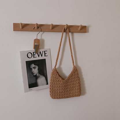 Single Shoulder Cotton Thread Woven Bag Solid Color Single Shoulder Women Bag Casual Underarm Bag Vacation Beach Bag One Size Color V-Shaped Coffee