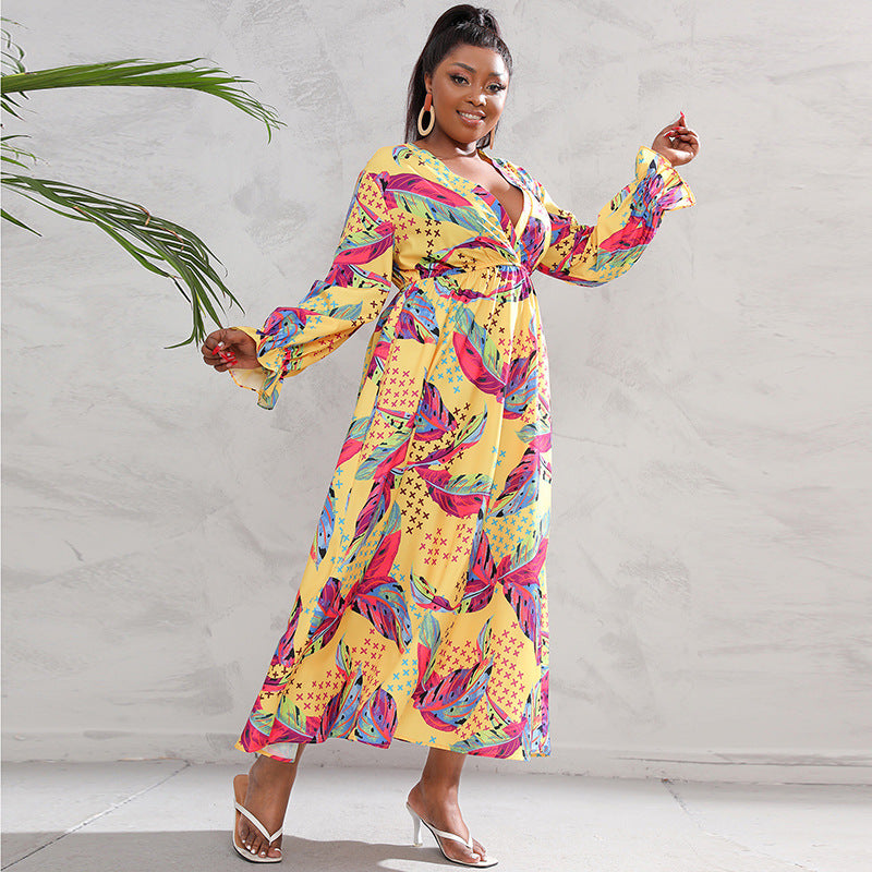 Plus Size Women Clothing Dress Long Sleeve Large Swing Dress