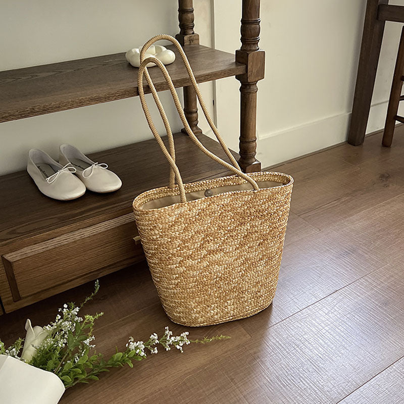 Simple Straw Shoulder Woven Bag Straw Bag Vacation Beach Bag Women Bag One Size Brown